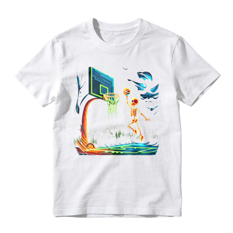 Skeleton Basketball Player Dunking Ball With Neon Hoop And Moon Unisex Classic T-shirt