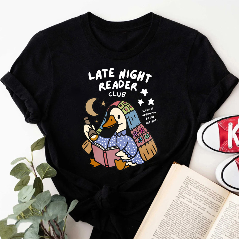 Wardrobecart Late Night Reader Club Duck Reading Book Tshirt