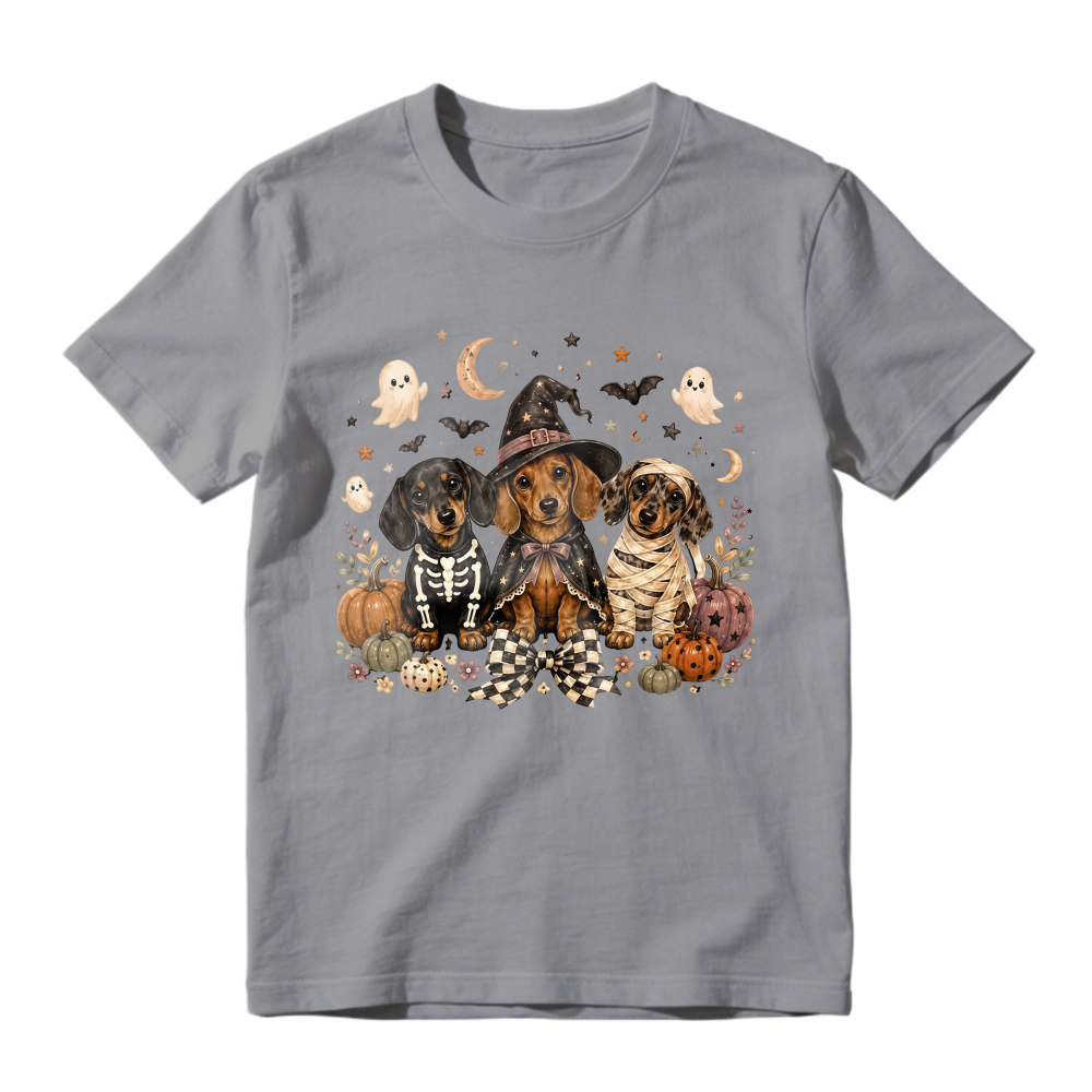 Halloween Dachshund Puppies In Costumes With Pumpkins And Ghosts, Unisex Classic T-shirt