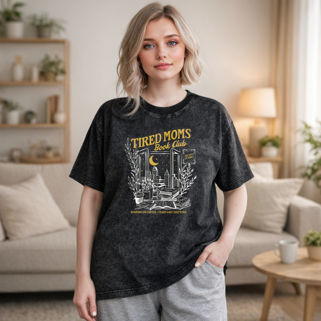 Wardrobecart Tired Moms Book Club With Open Door Cityscape Moon And Books Design Unisex Washed T-shirt