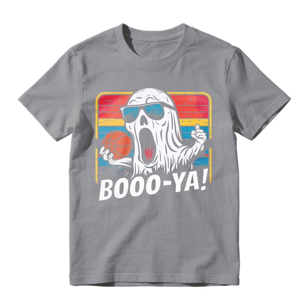 Ghost Holding Basketball With Sunglasses And Booo Ya Text Retro Sunset Unisex Classic T-shirt