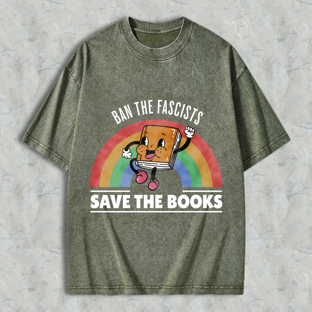 Wardrobecart Ban The Fascists Save The Books Book Character Rainbow Design Unisex Washed T-shirt