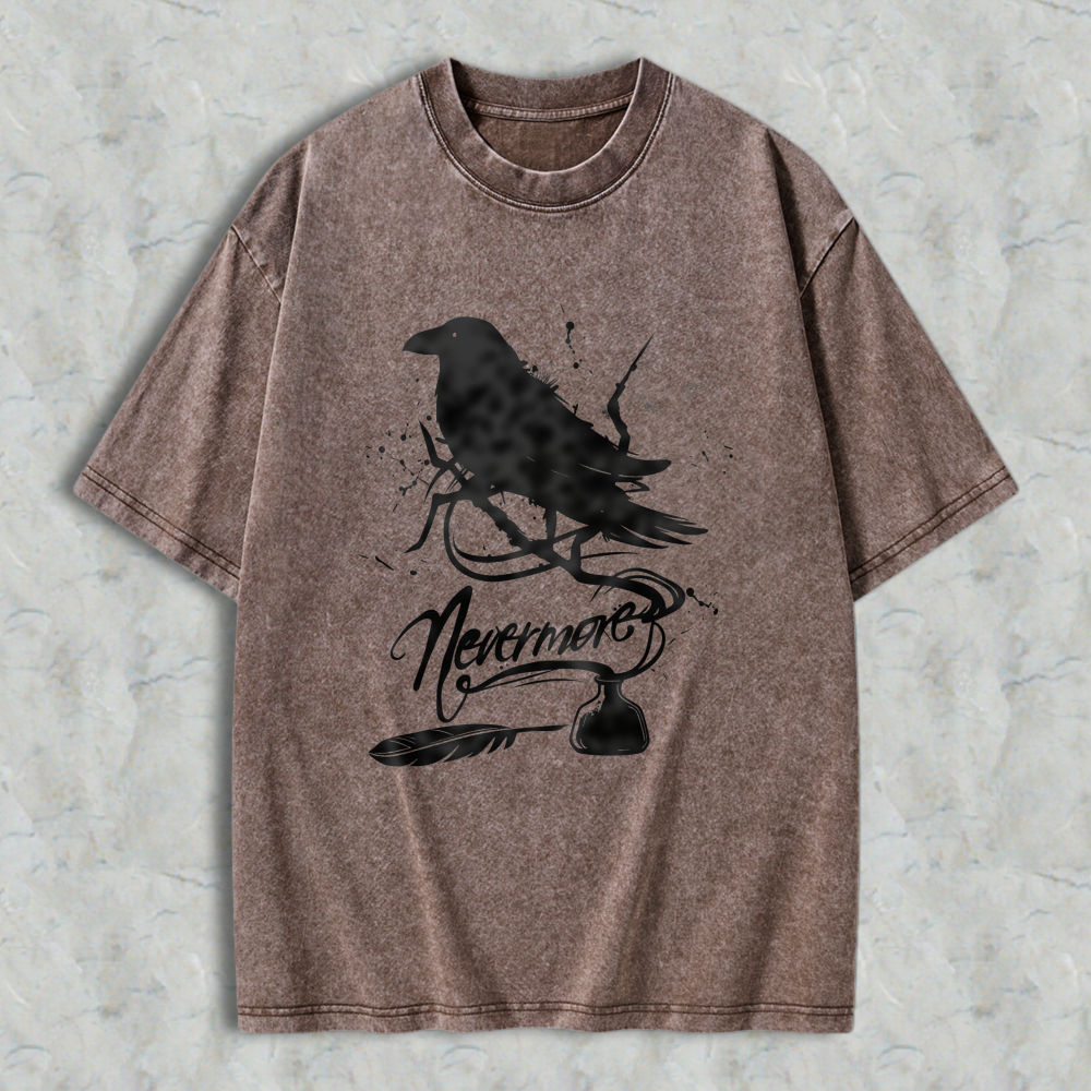 Wardrobecart Raven Nevermore Poem Bird Feather Inkwell Unisex Washed T-shirt