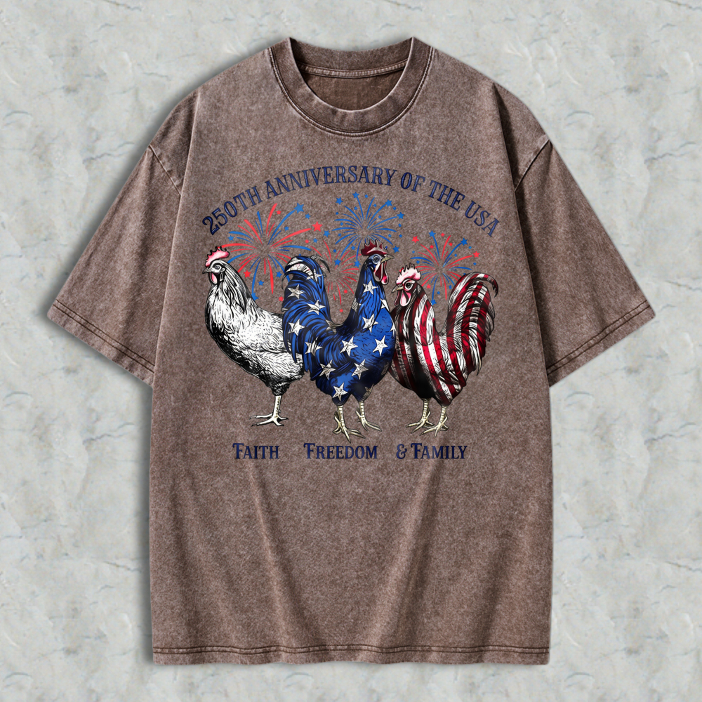 Patriotic Roosters With American Flag And Fireworks 250th Anniversary Of The Usa Washed T-shirt