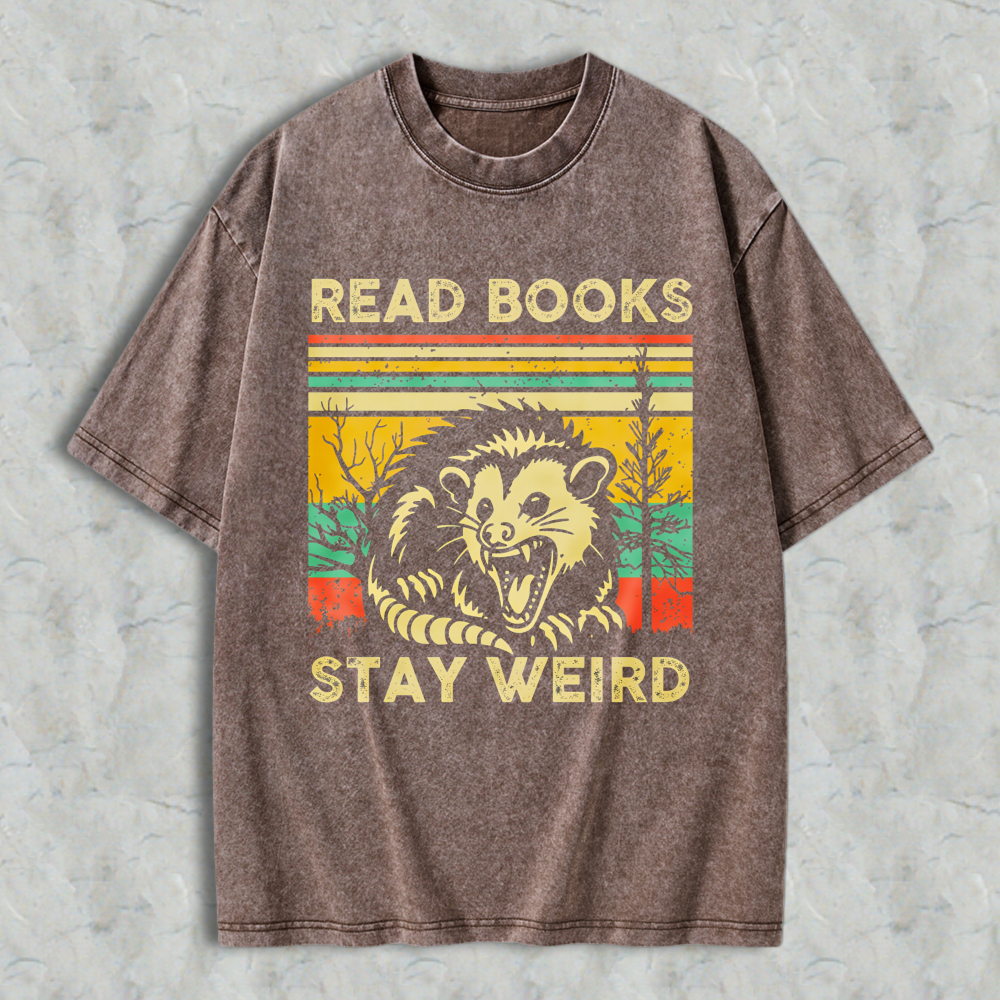 Wardrobecart Read Books Stay Weird Opossum Vintage Design Unisex Washed T-shirt