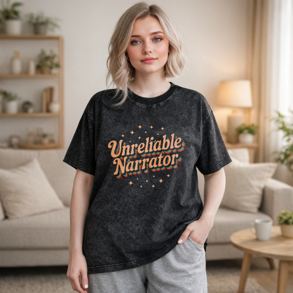 Wardrobecart Unreliable Narrator Text With Star Accents Unisex Washed T-shirt