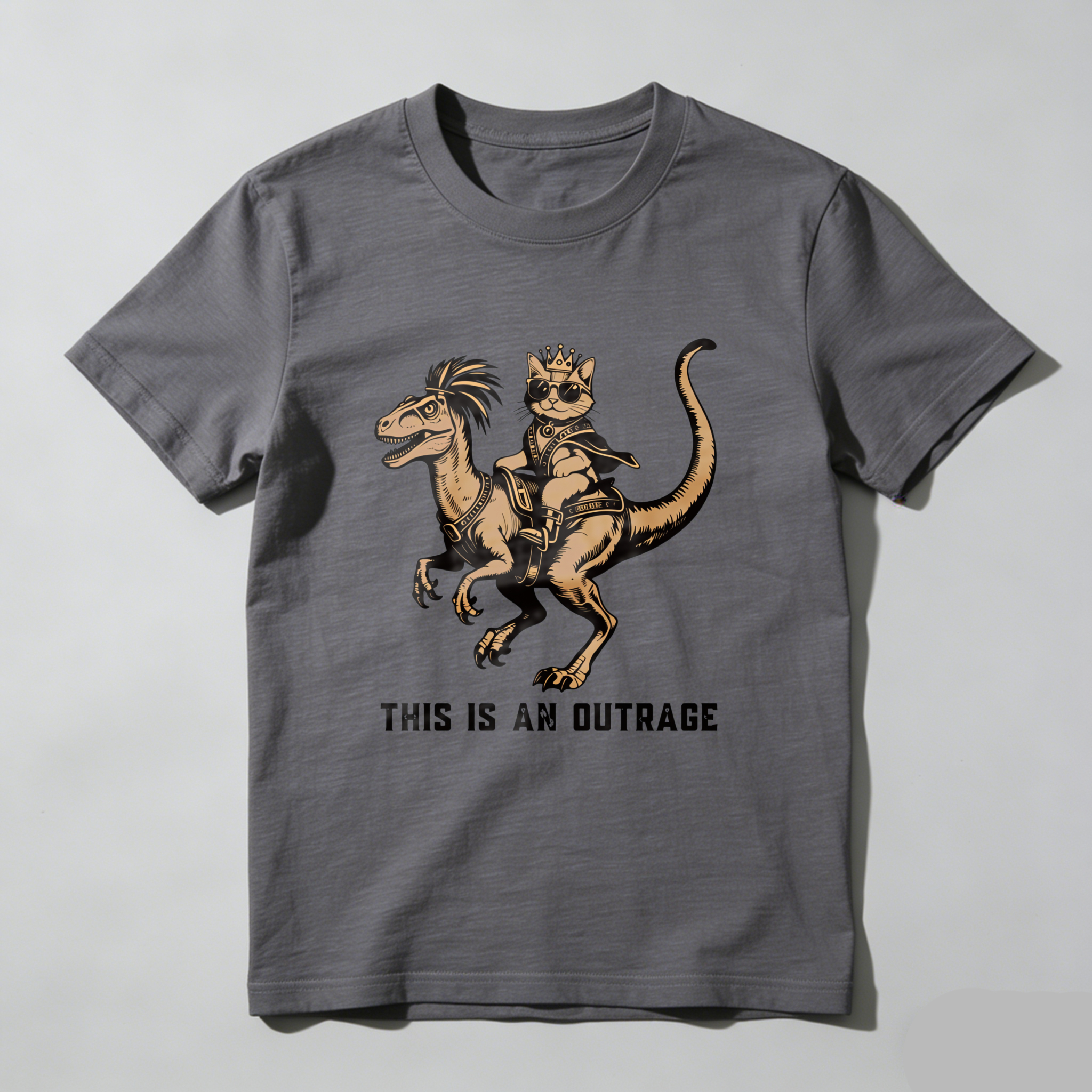 Wardrobecart Cat Riding Dinosaur With Crown And Sword Tshirt