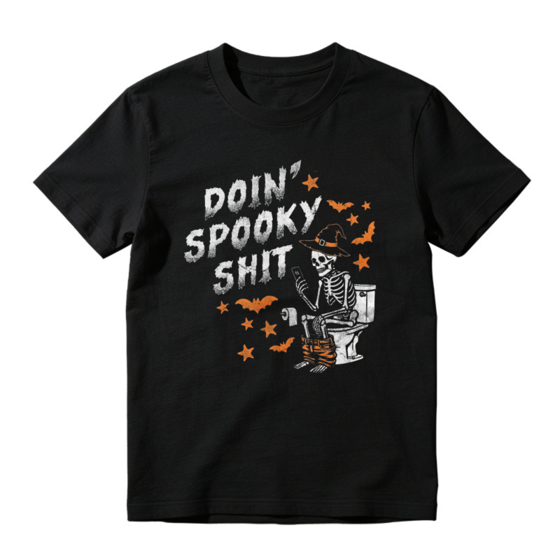 Doin Spooky Shit Skeleton On Toilet With Bats And Stars Halloween Graphic T-shirt