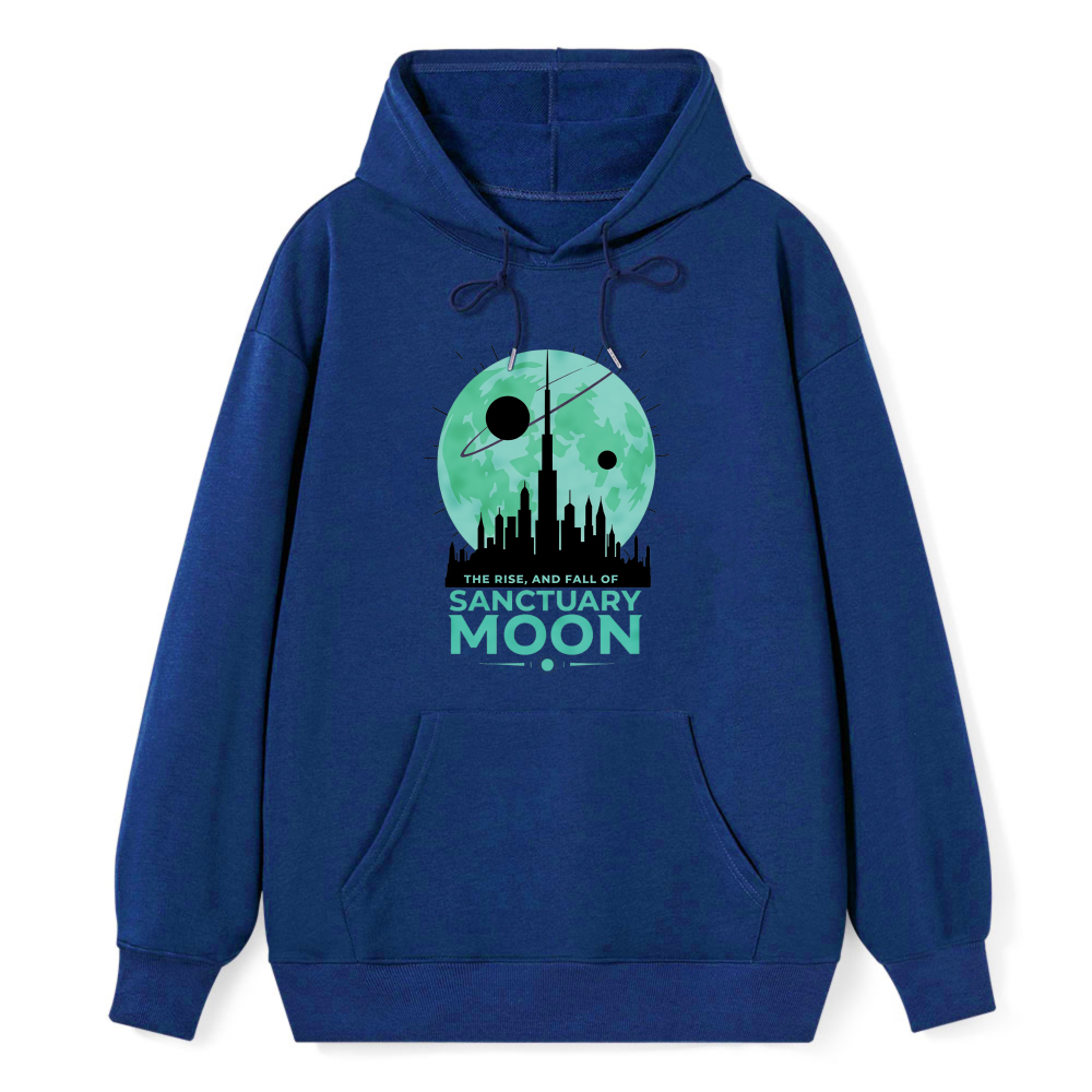 Wardrobecart Sanctuary Moon Cityscape With Planet And Text The Rise And Fall Of Sanctuary Moon Unisex Classic Hoodie
