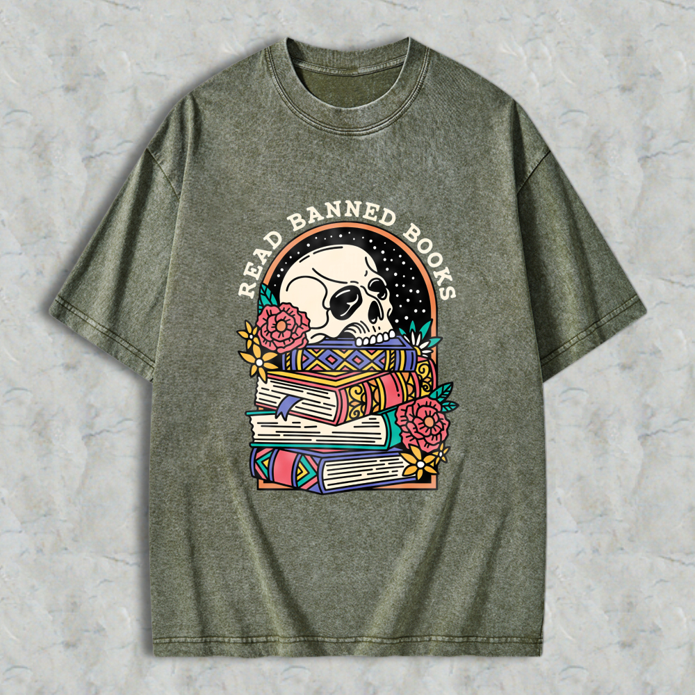 Wardrobecart Skull And Books With Flowers Read Banned Books Unisex Washed T-shirt