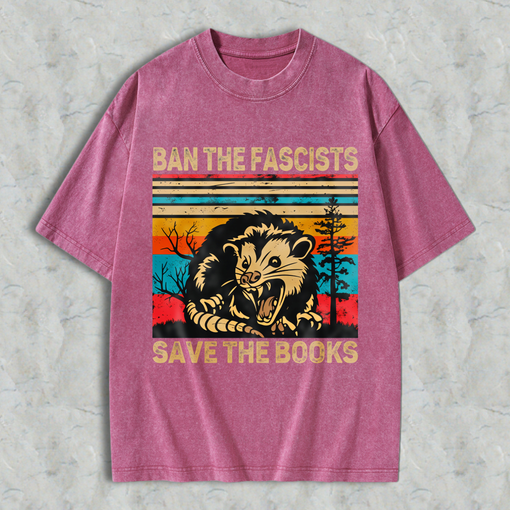 Wardrobecart Ban The Fascists Save The Books Opossum Vintage Design Unisex Washed T-shirt