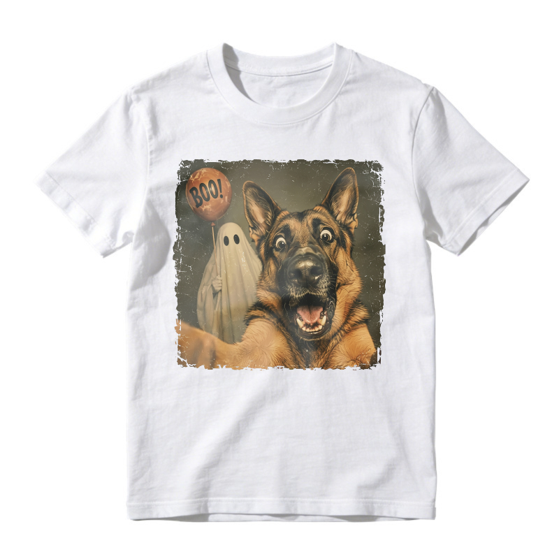 Halloween German Shepherd Dog With Ghost And Boo Balloon Funny Scared Puppy, Unisex Classic T-shirt