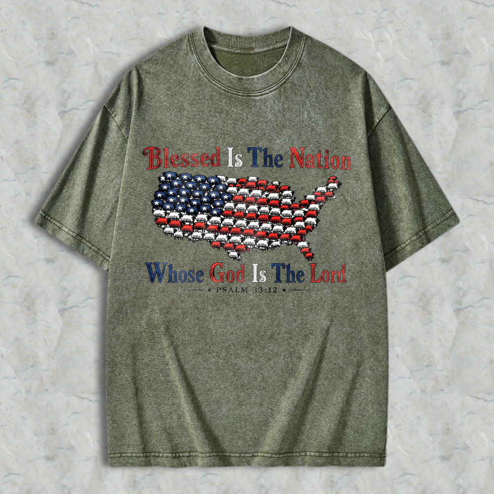 Blessed Is The Nation Whose God Is The Lord American Flag Map Design Washed T-shirt