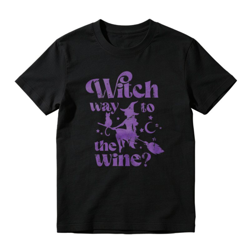Witch Way To The Wine Halloween Witch Flying On Broomstick Moon Stars Graphic T-shirt