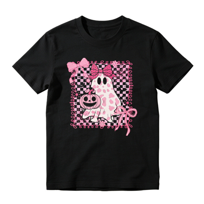 Cute Pink Ghost Holding Pumpkin With Bows And Bats Halloween Design, Unisex Classic T-shirt