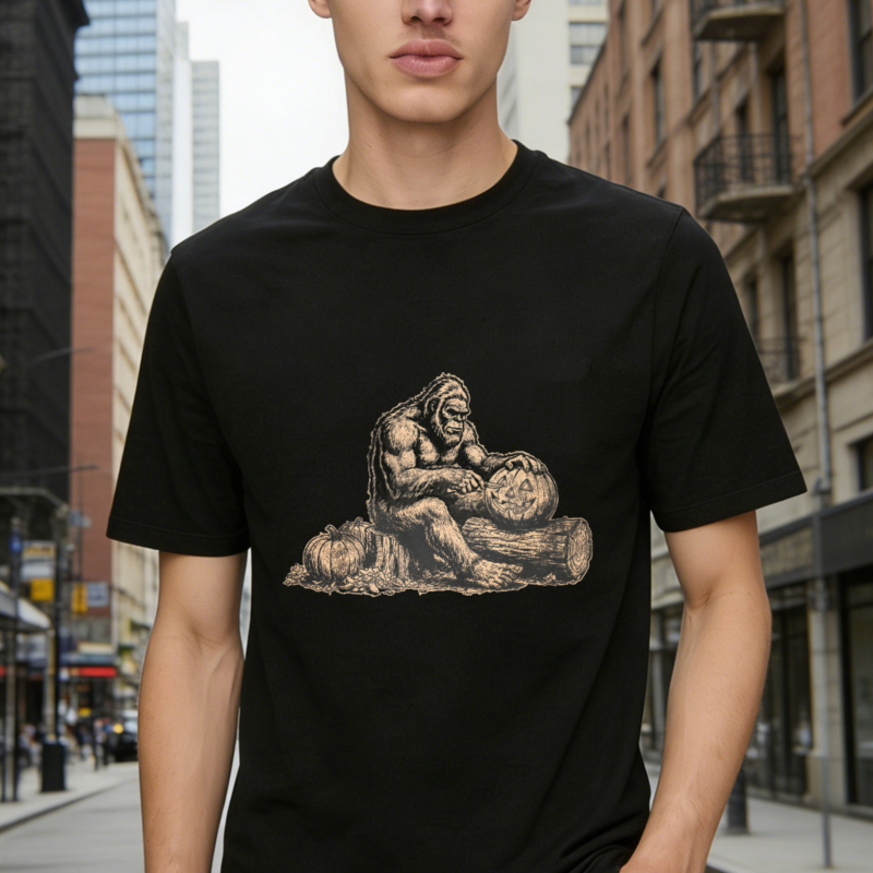 Vintage Style Bigfoot Sasquatch Sitting On Log Holding Skull Graphic T-shirt