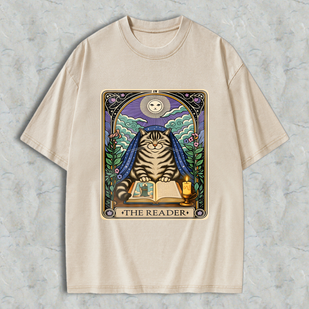 Wardrobecart Cat Reading Book Tarot Card The Reader Unisex Washed T-shirt