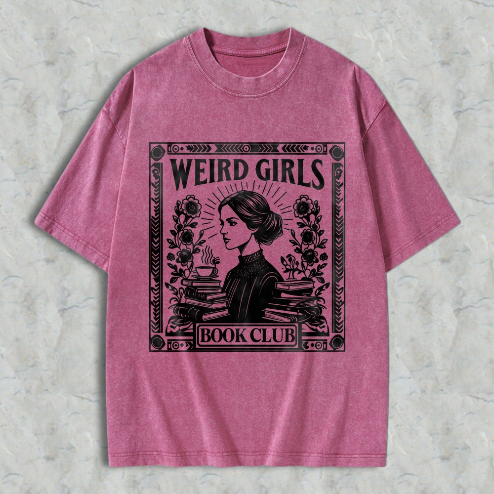 Wardrobecart Weird Girls Book Club Vintage Style Woman Reading With Books And Coffee Unisex Washed T-shirt
