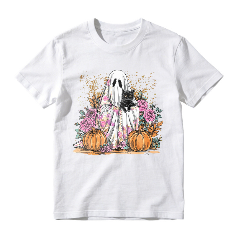 Ghost Holding Black Cat With Pumpkins And Roses, Unisex Classic T-shirt