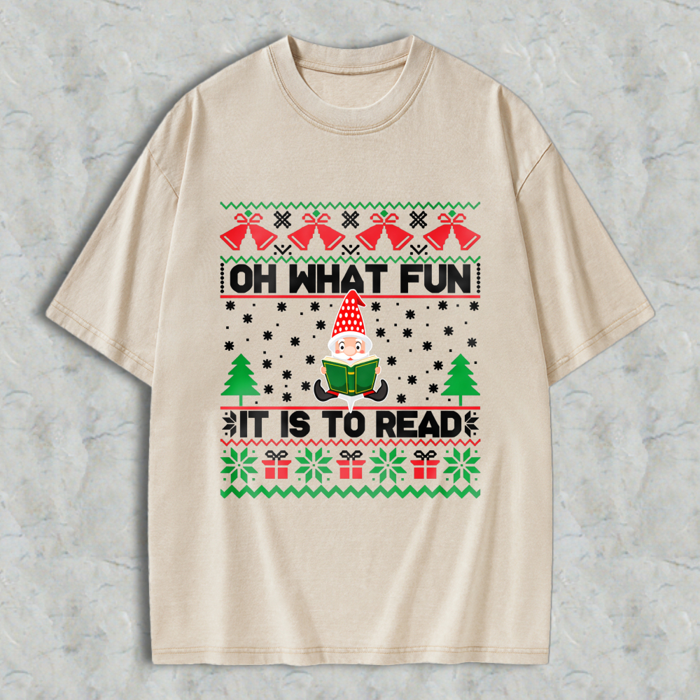 Wardrobecart Christmas Elf Reading Book Pattern Unisex Washed T-shirt