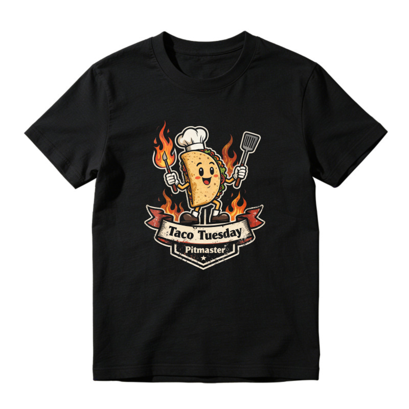 Taco Tuesday Pitmaster Cartoon Taco Character With Chef Hat And Spatula Flames Banner Unisex Classic T-shirt