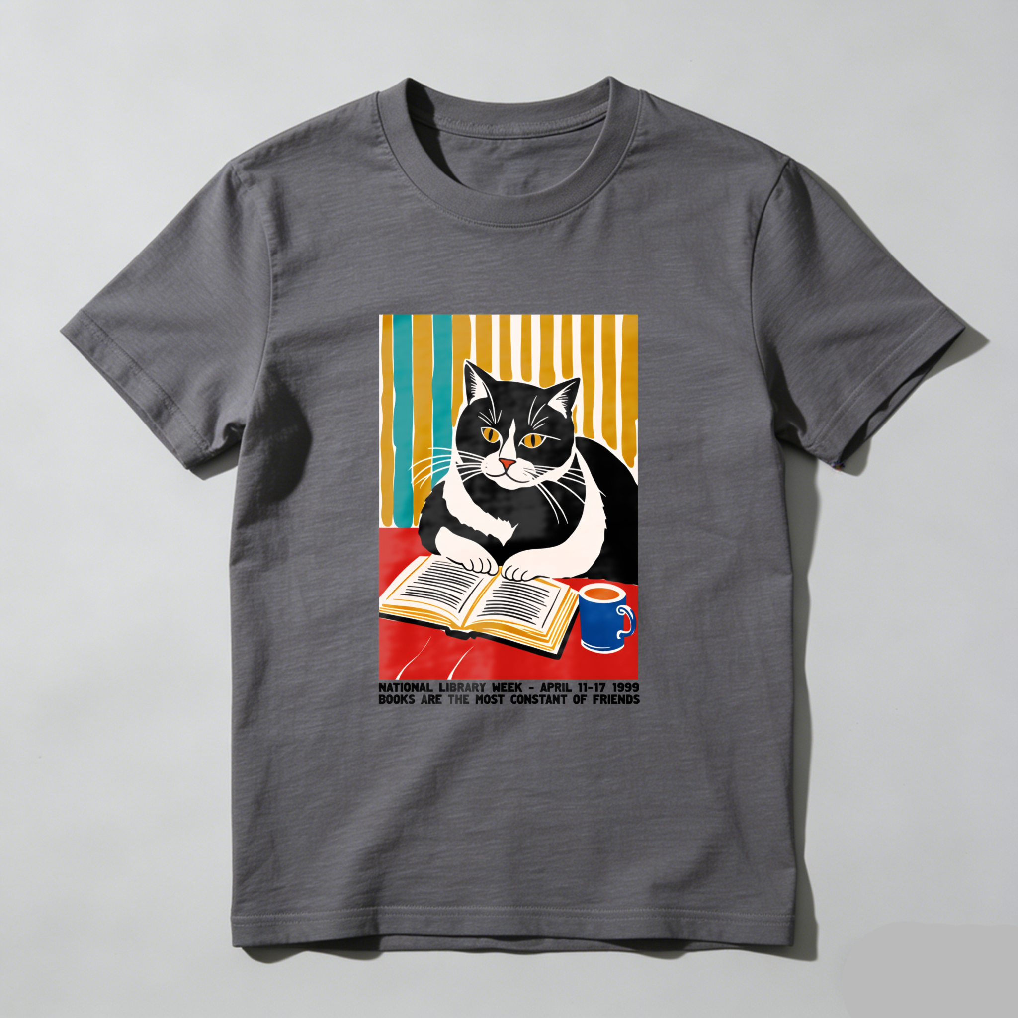 Wardrobecart Cat Reading Book With Coffee Cup Tshirt