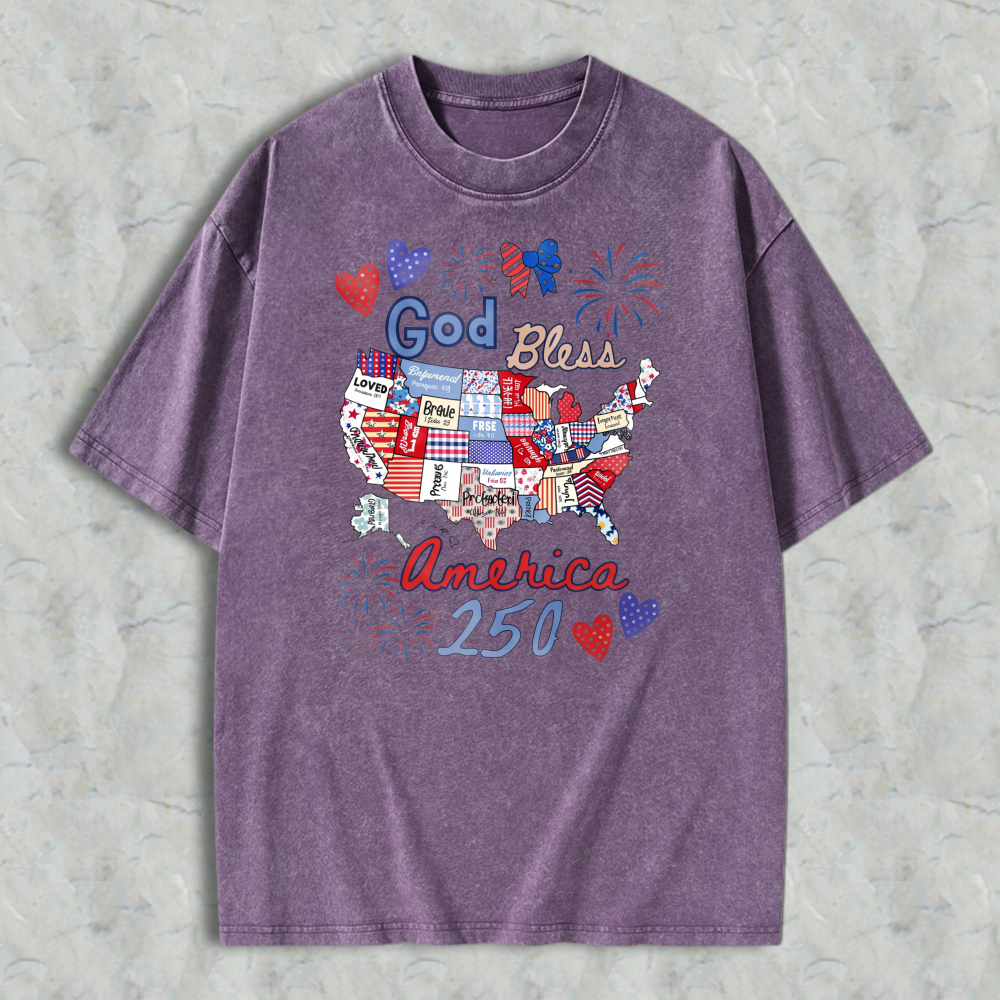 God Bless America 250 Usa Map With Patriotic Symbols And Fireworks Washed T-shirt
