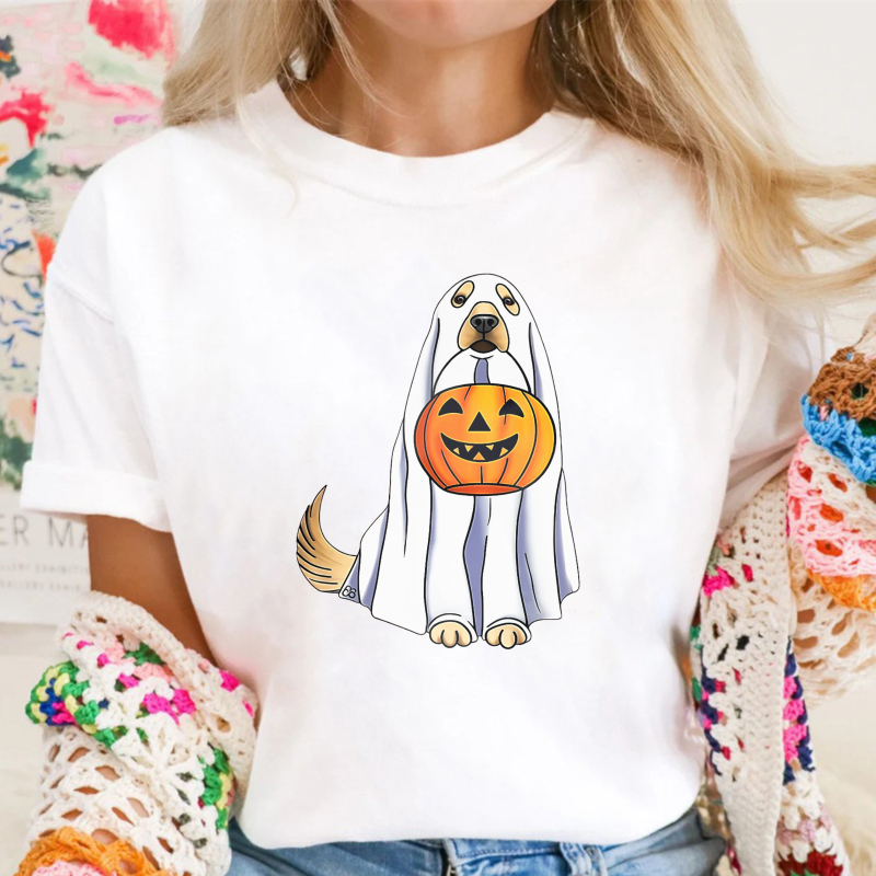 Cute Dog In Ghost Costume Holding Pumpkin, Unisex Classic T-shirt