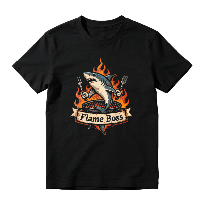 Shark Holding Forks Over Grill With Flames And Flame Boss Banner Unisex Classic T-shirt