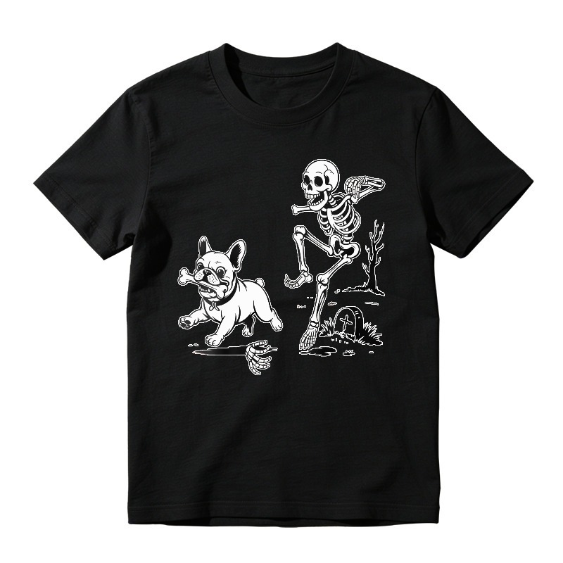 Skeleton Chasing French Bulldog With Bone In Graveyard, Unisex Classic T-shirt