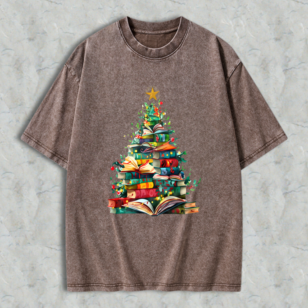 Wardrobecart Christmas Tree Made Of Books Unisex Washed T-shirt