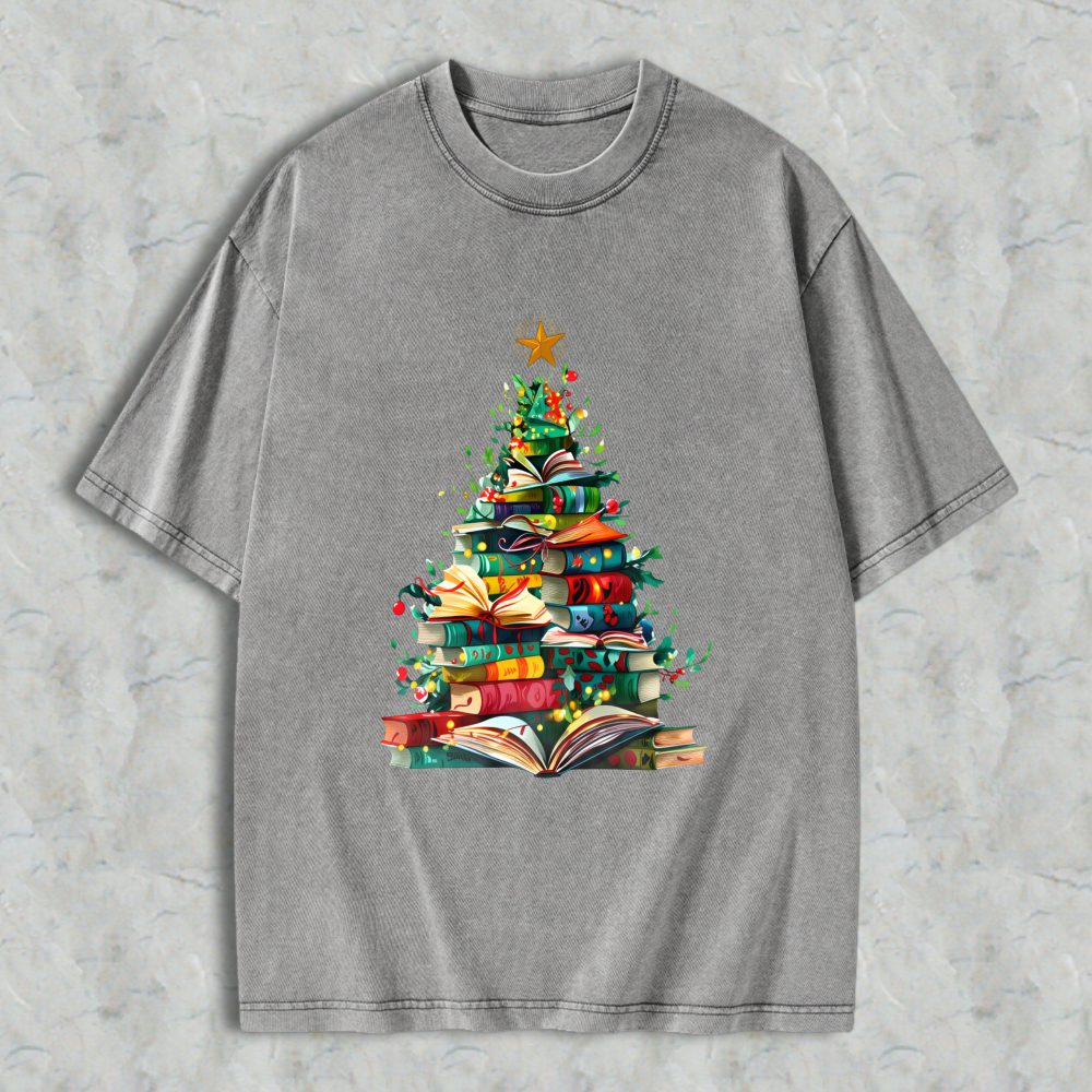 Wardrobecart Christmas Tree Made Of Books Unisex Washed T-shirt