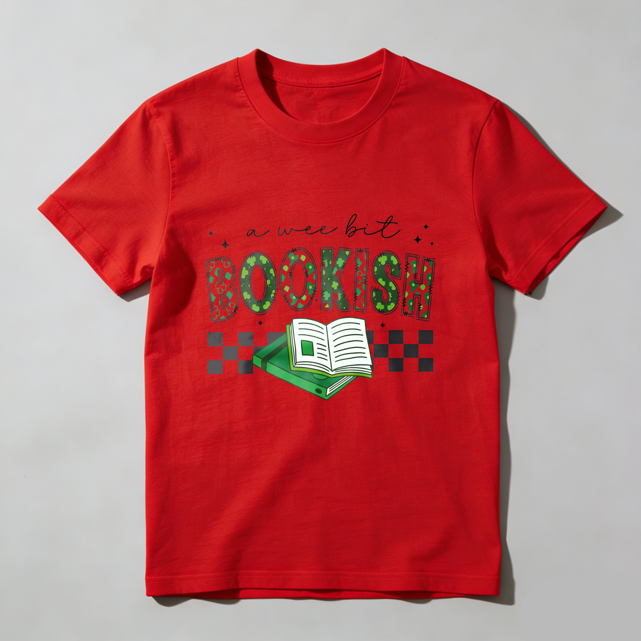 Wardrobecart A Wee Bit Bookish With Open Book And Checkered Pattern tshirt