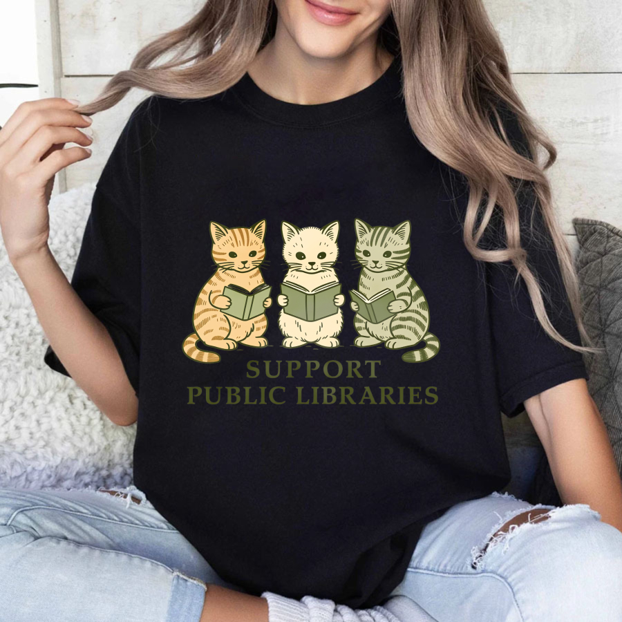 Wardrobecart Three Cats Reading Books Support Public Libraries Tshirt