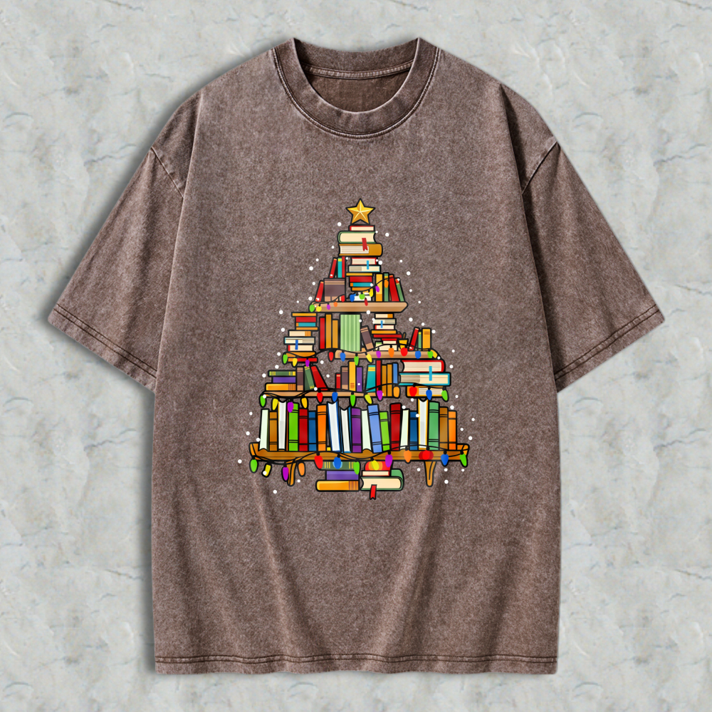 Wardrobecart Book Christmas Tree Unisex Washed T-shirt