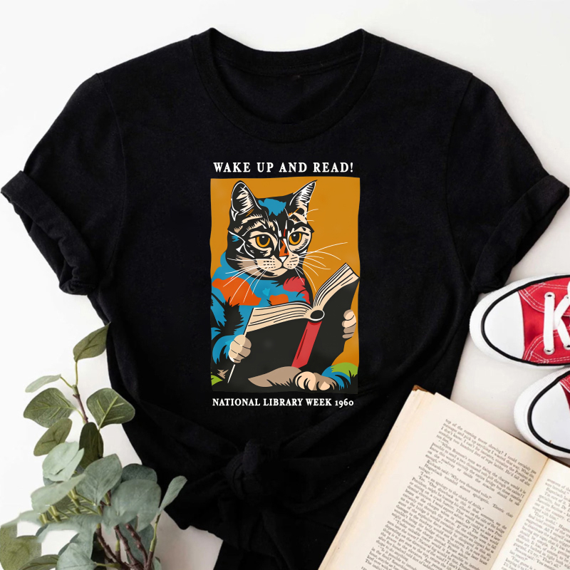 Wardrobecart Wake Up And Read Cat Reading Book Tshirt