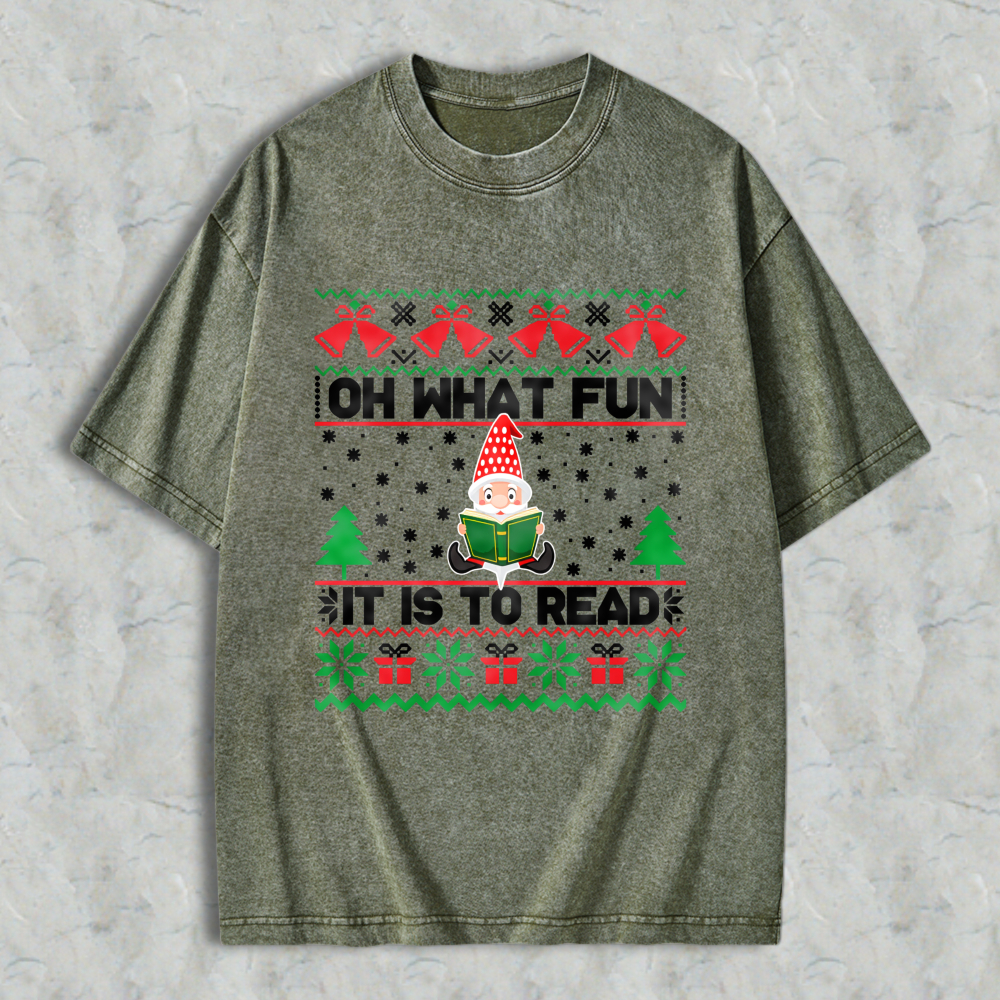 Wardrobecart Christmas Elf Reading Book Pattern Unisex Washed T-shirt