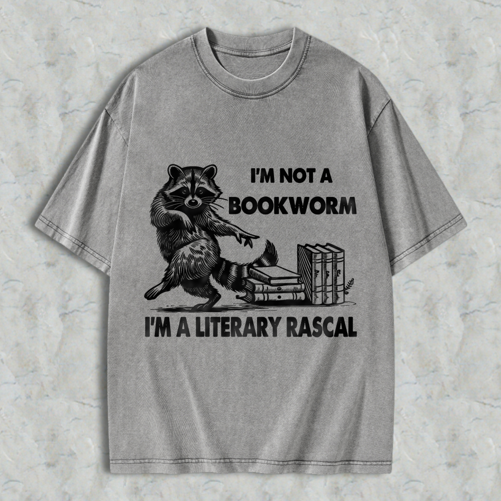 Wardrobecart Raccoon Reading Books I'm Not A Bookworm I'm A Literary Rascal Unisex Washed T-shirt