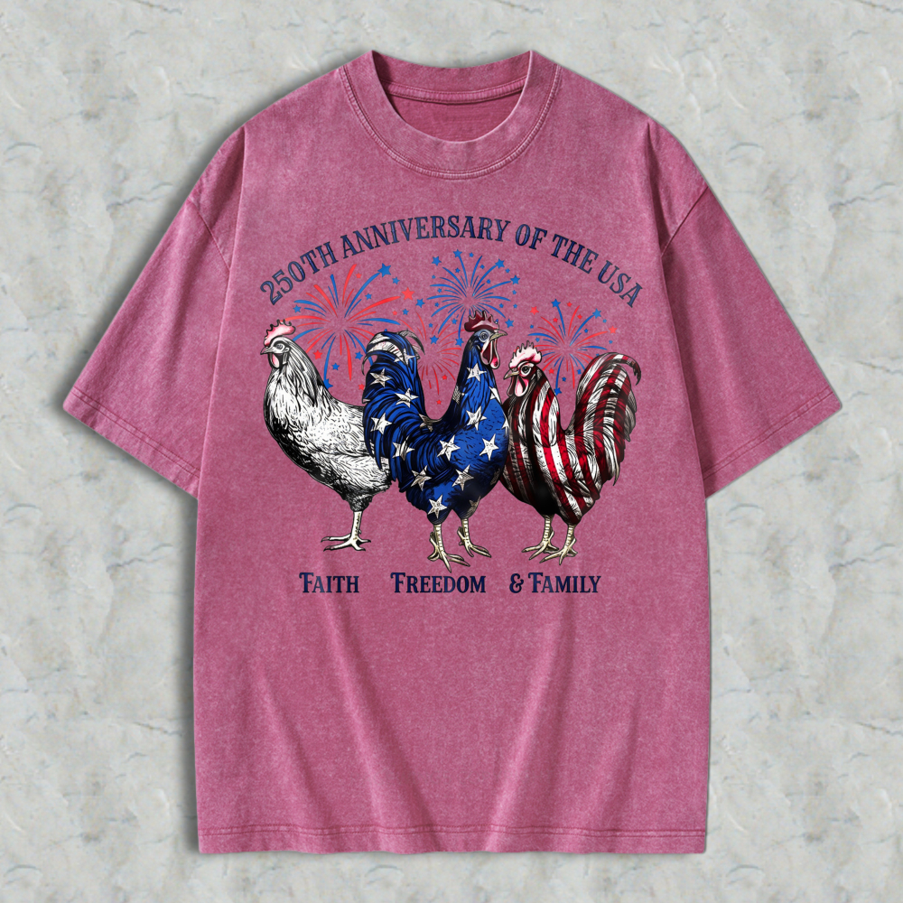 Patriotic Roosters With American Flag And Fireworks 250th Anniversary Of The Usa Washed T-shirt