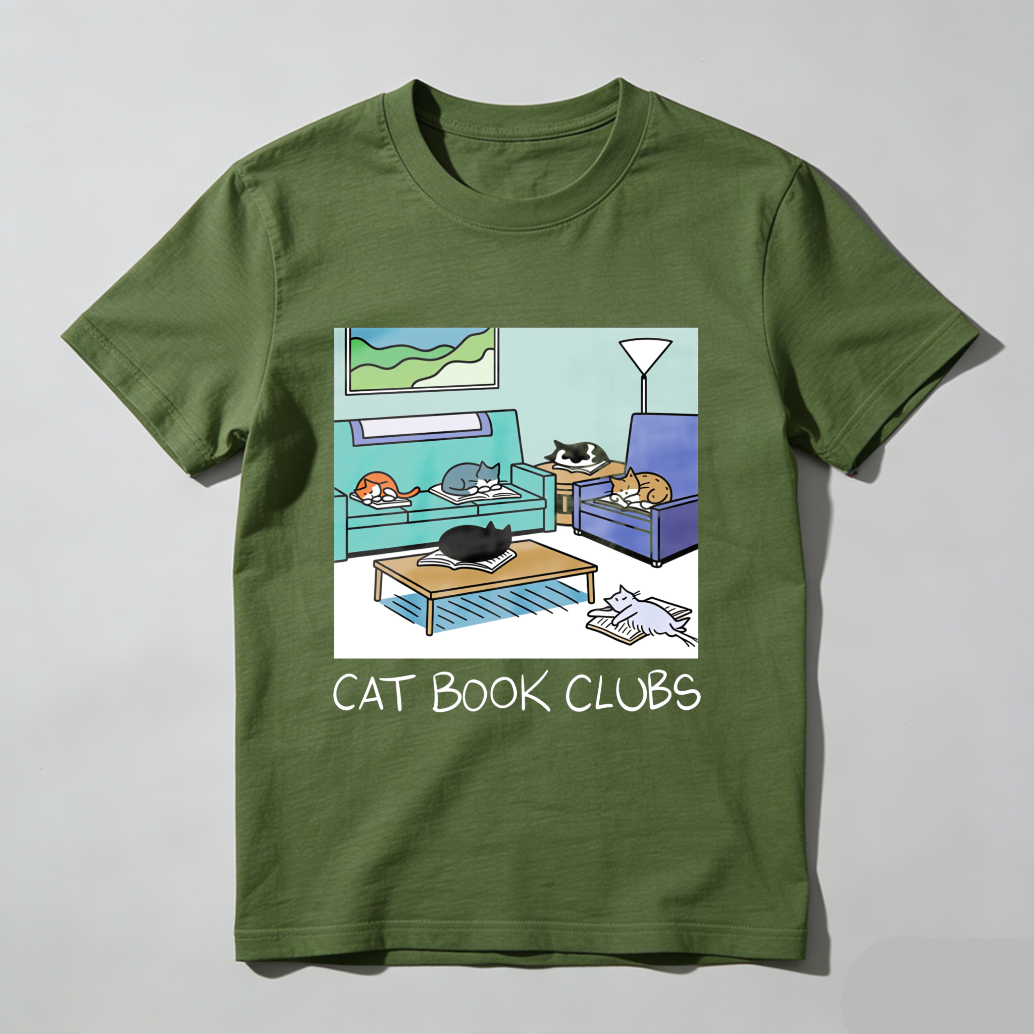 Wardrobecart Cat Book Clubs Cozy Living Room Scene Tshirt