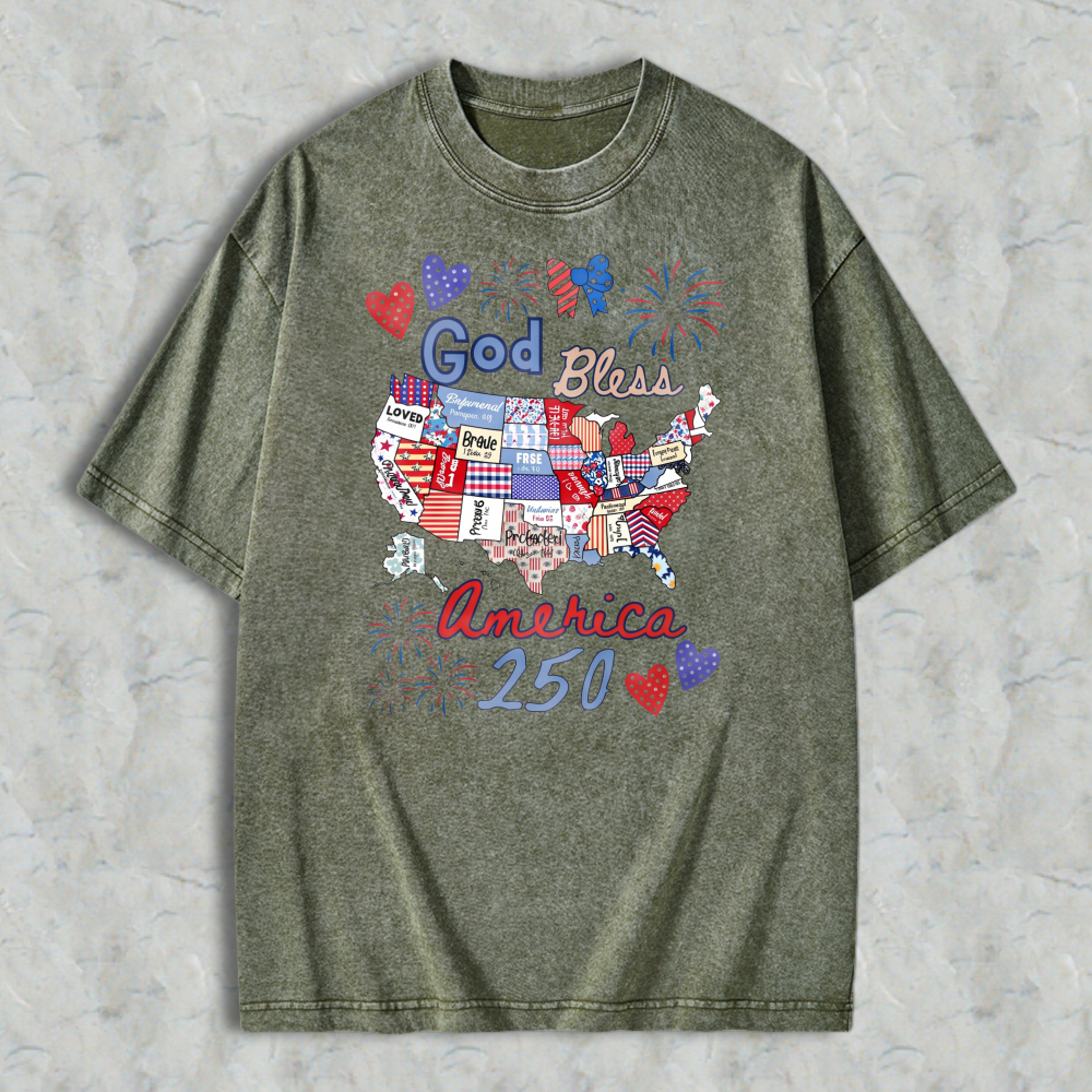 God Bless America 250 Usa Map With Patriotic Symbols And Fireworks Washed T-shirt
