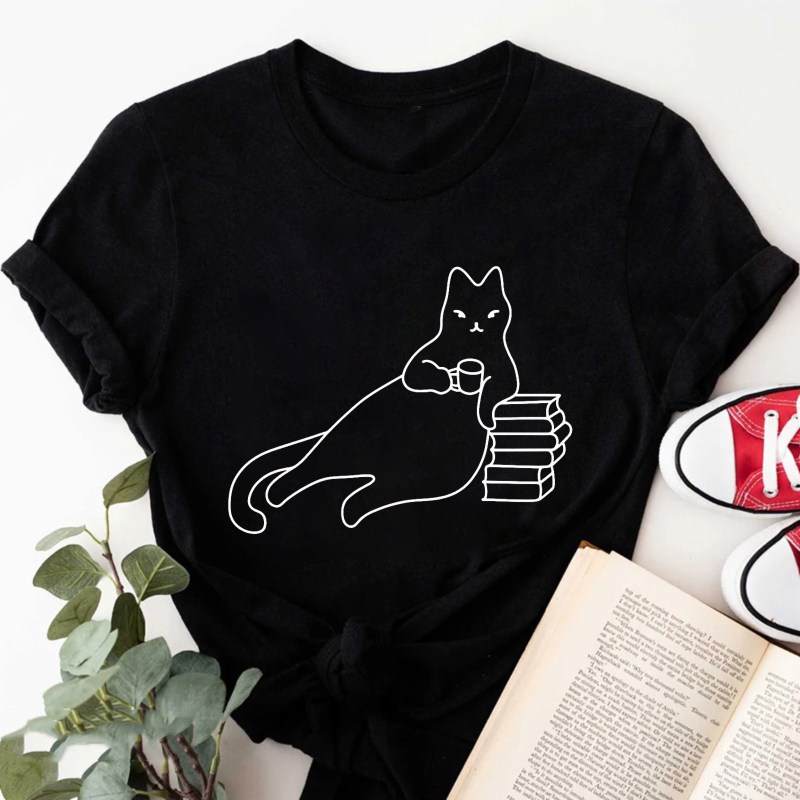 Wardrobecart Cat Holding Book Stack With Coffee Cup Tshirt