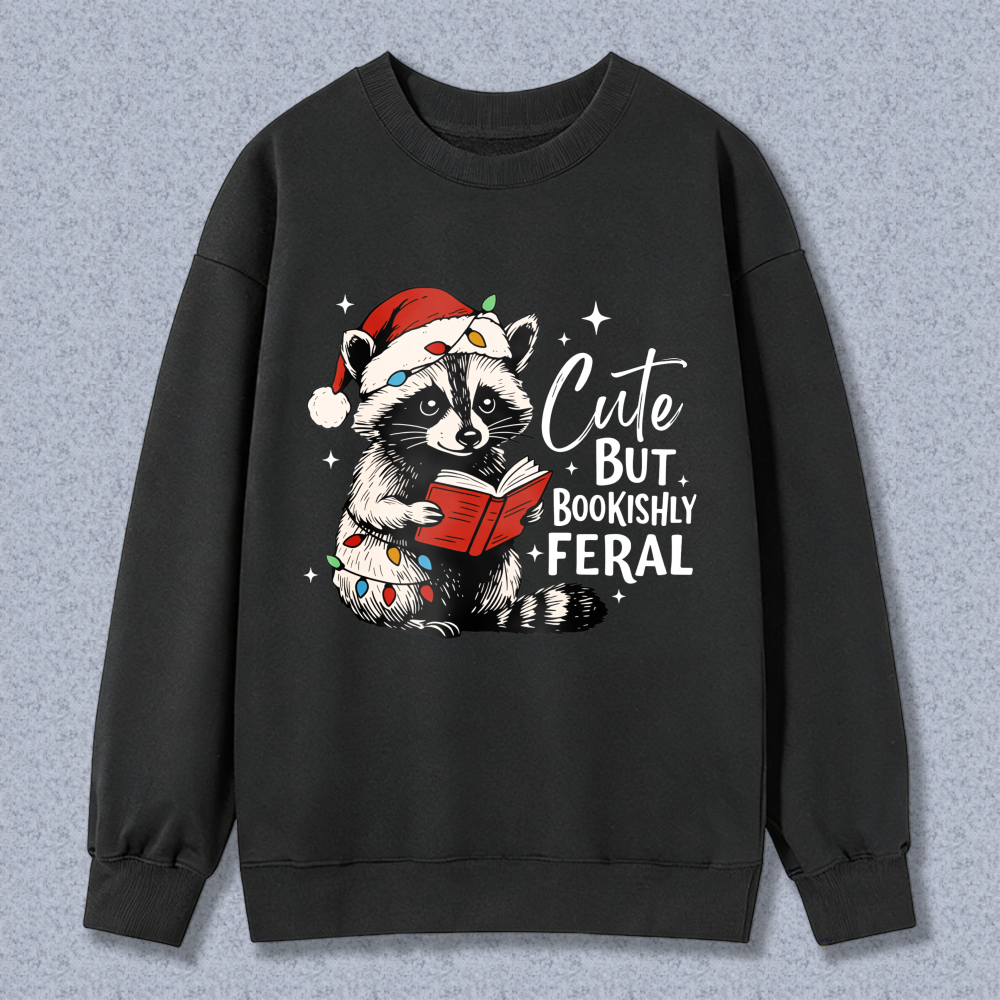 Wardrobecart Raccoon Reading Book With Santa Hat And Christmas Lights Unisex Classic Sweatshirt