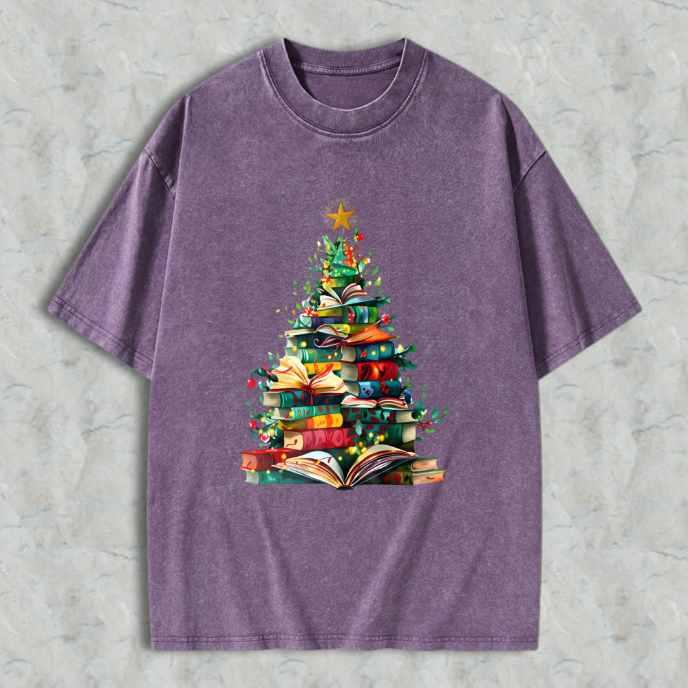 Wardrobecart Christmas Tree Made Of Books Unisex Washed T-shirt