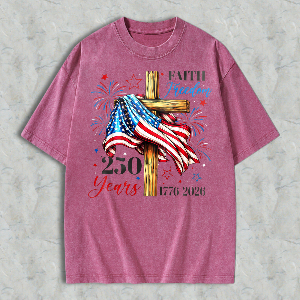 American Flag Cross Faith Freedom 250 Years 1776 2026 Washed T-shirt