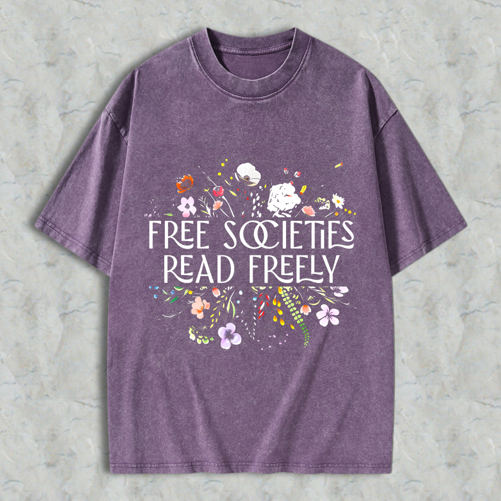 Wardrobecart Free Societies Read Freely Floral Design Unisex Washed T-shirt