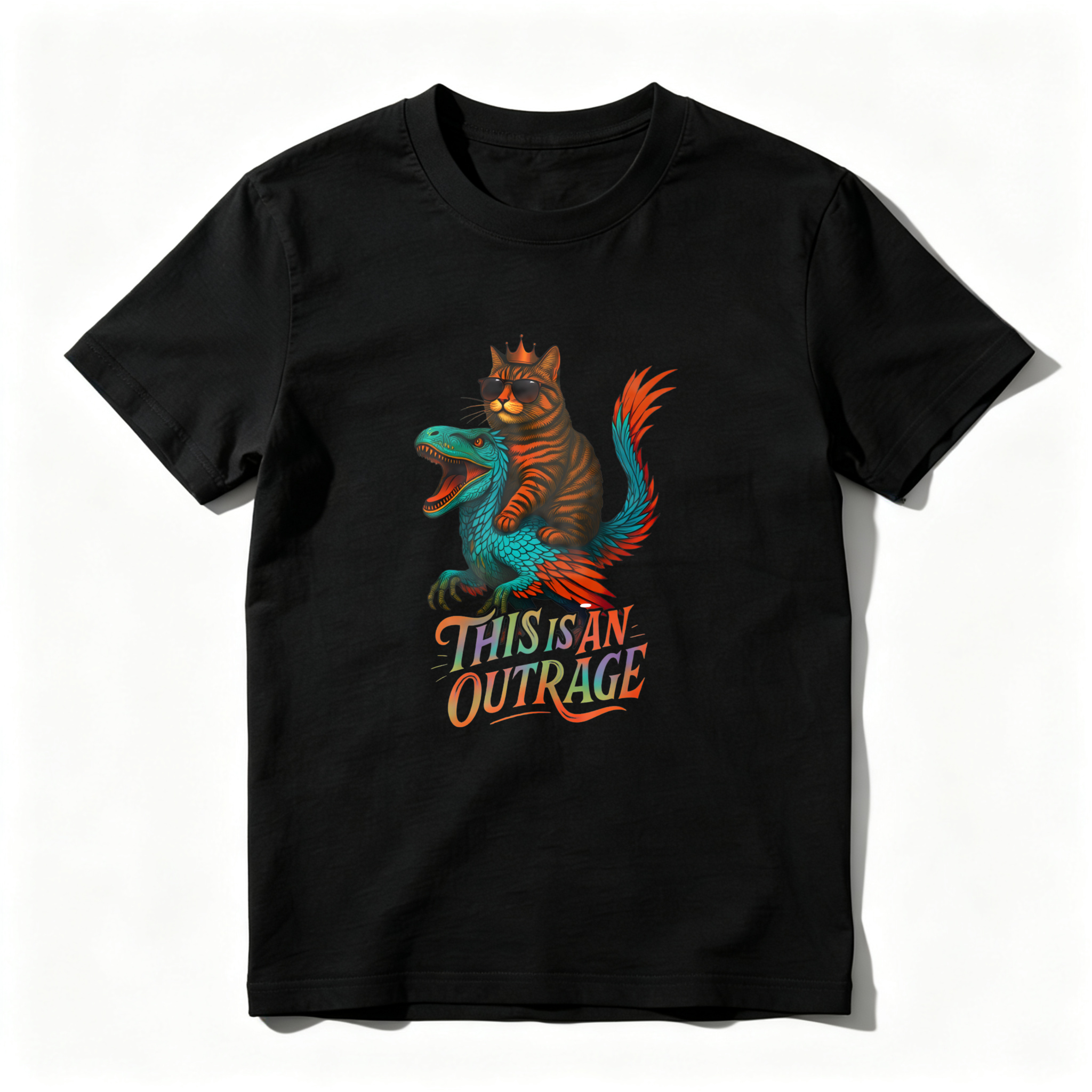 Wardrobecart Cat Riding Dinosaur This Is An Outrage Tshirt