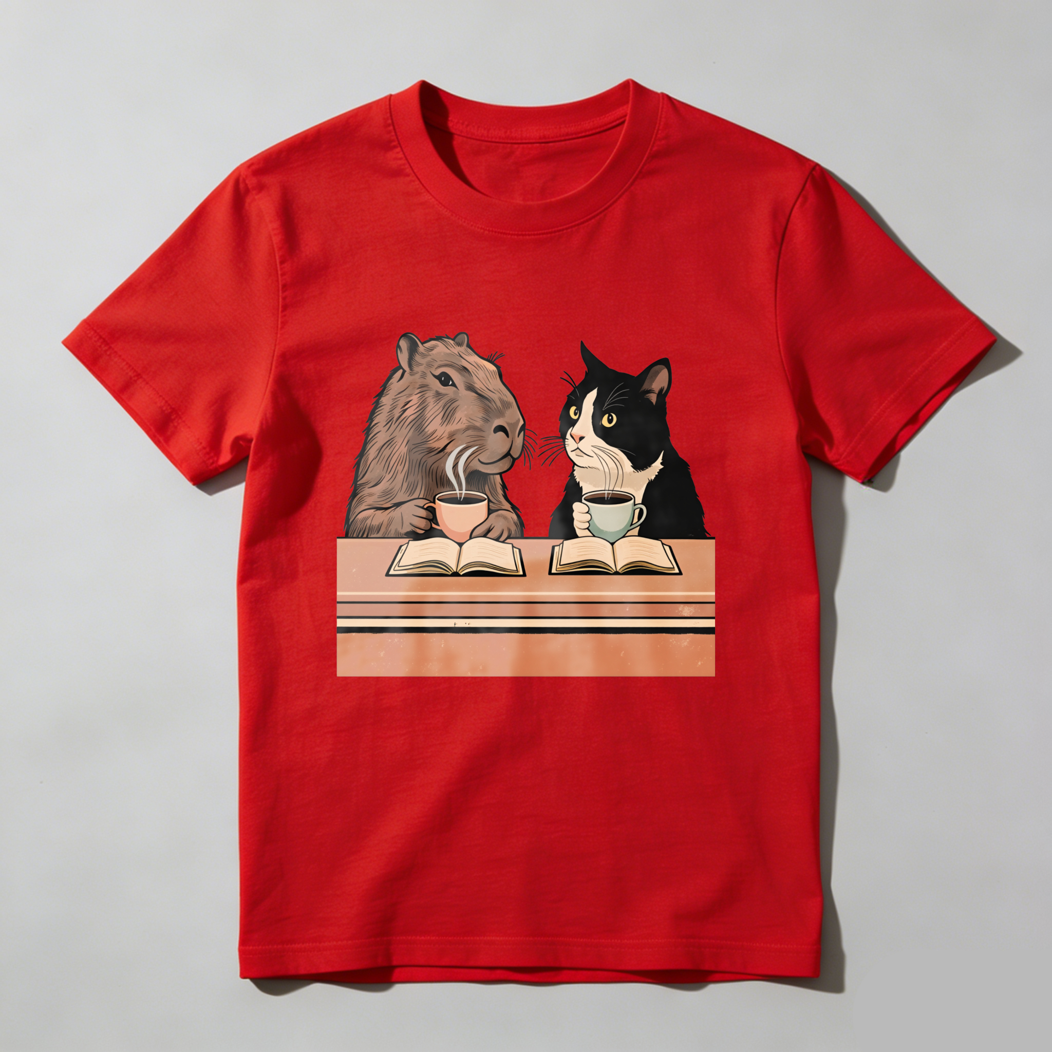 Wardrobecart Capybara And Cat Reading Books With Tea Tshirt