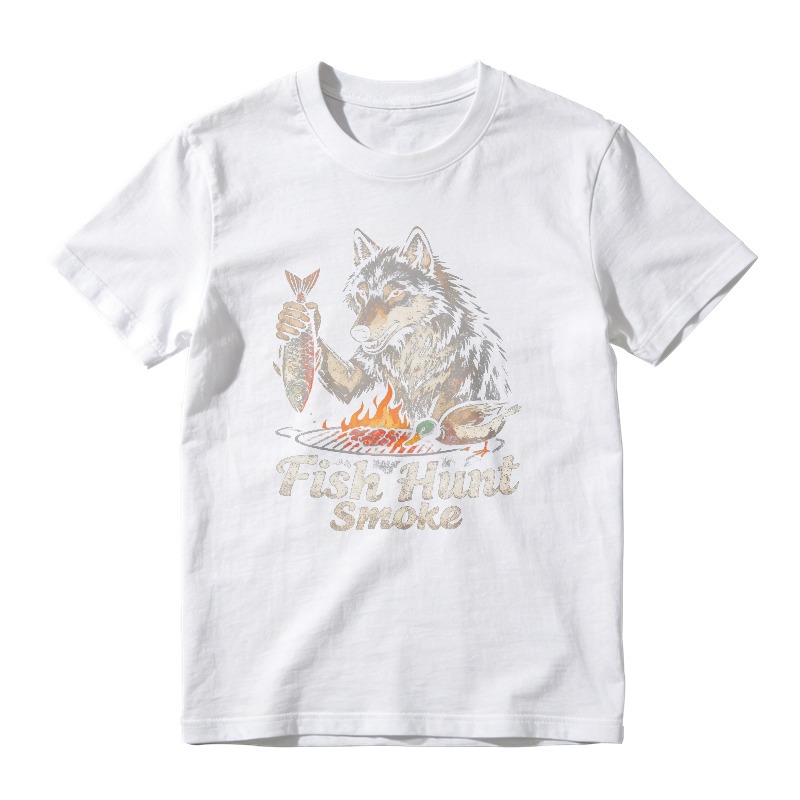Wolf Holding Fish Over Campfire Grill With Bird And Text Fish Hunt Smoke Unisex Classic T-shirt