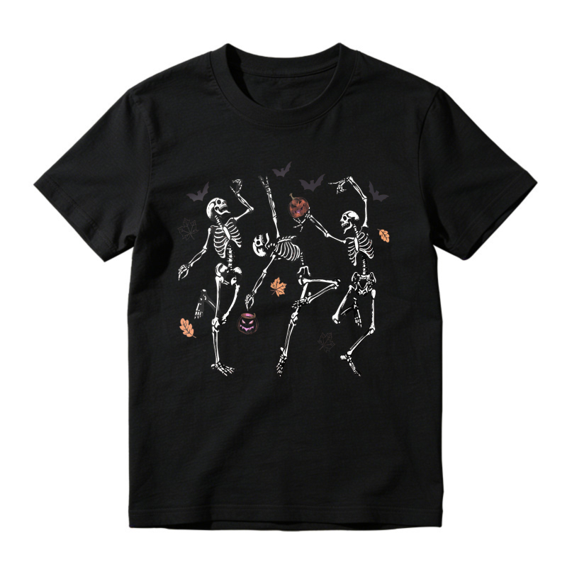 Dancing Skeletons With Bats And Autumn Leaves Halloween Graphic Unisex Classic T-shirt